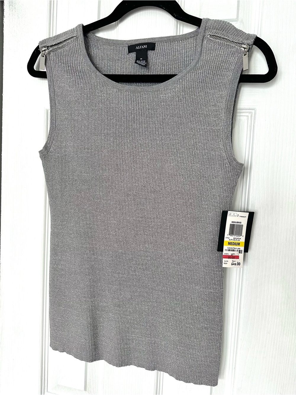 Alfani Women’s Medium Gray Silver Metallic Ribbed Sleeveless Tank Shoulder Zips